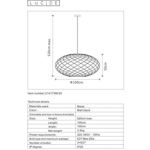 Светильник подвесной Lucide WOLFRAM 21417/99/30