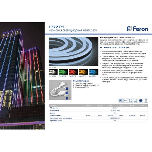 Светодиодная лента Feron 220V 5W IP67 32712