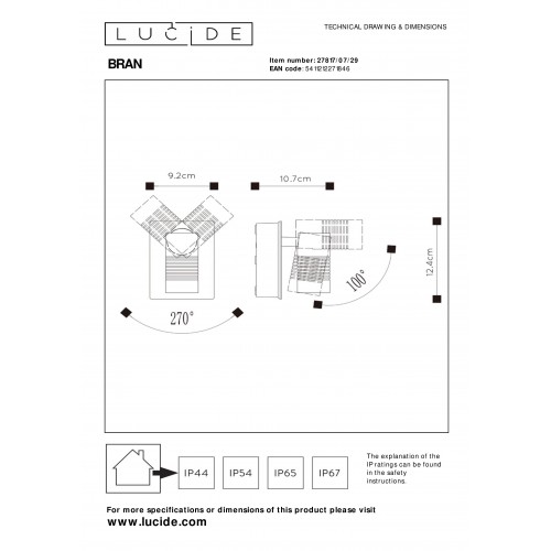 Настенный светильник уличный Lucide BRAN 27817/07/29