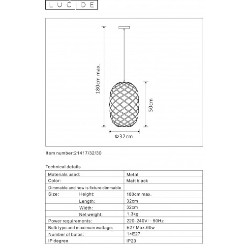 Светильник подвесной Lucide WOLFRAM 21417/32/30