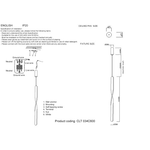 Светильник подвесной Crystal Lux CLT 034 CLT 034C600 WH