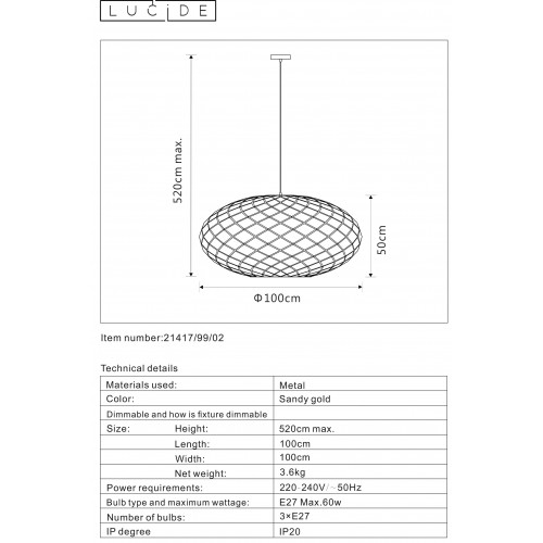 Светильник подвесной Lucide WOLFRAM 21417/99/02