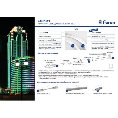 Светодиодная лента Feron 50м IP67 220V 3000K 32711