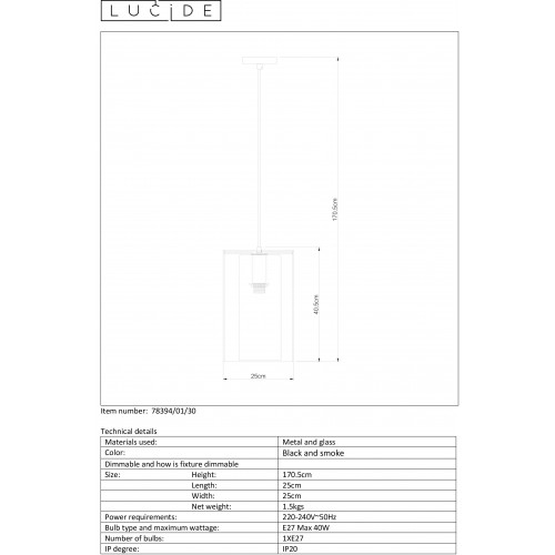 Светильник подвесной Lucide DOUNIA 78394/01/30