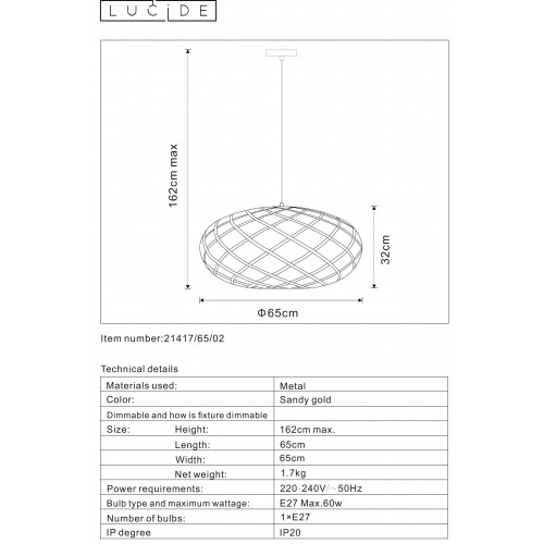 Светильник подвесной Lucide WOLFRAM 21417/65/02