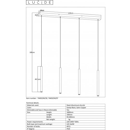 Светильник подвесной Lucide LORENZ 74403/04/30