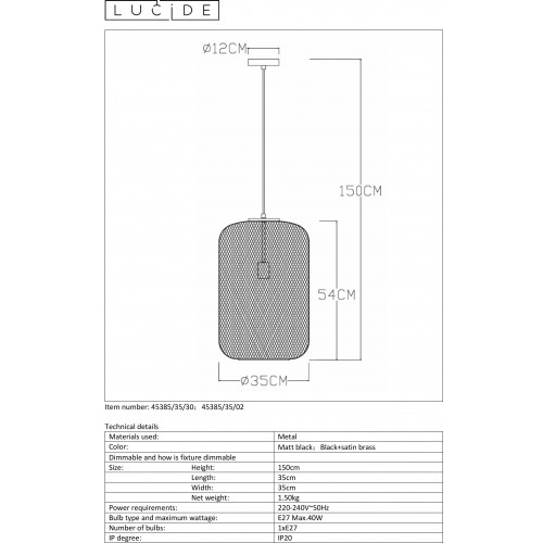 Светильник подвесной Lucide MESH 45385/35/30