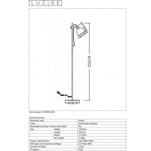 Торшер Lucide PIA 45780/01/30