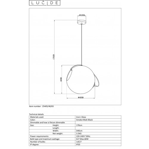 Светильник подвесной Lucide JAZZLYNN 25405/40/65