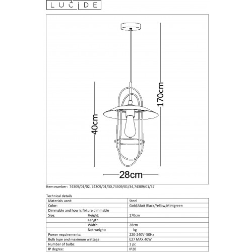 Светильник подвесной Lucide MASSON 74309/01/30