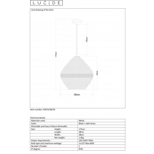 Светильник подвесной Lucide SAAR 03423/38/30