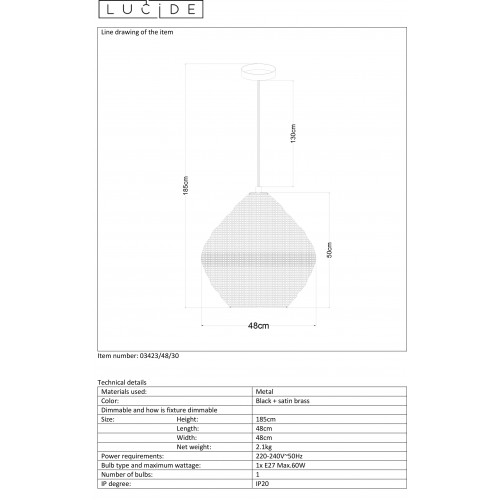 Светильник подвесной Lucide SAAR 03423/48/30