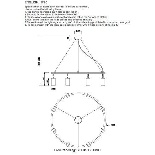 Светильник подвесной Crystal Lux CLT 015 CLT 015C8 D800 BL-GO