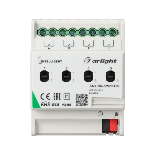 INTELLIGENT ARLIGHT Релейный модуль KNX-704-SW20-DIN (BUS, 4x20A) (Arlight)